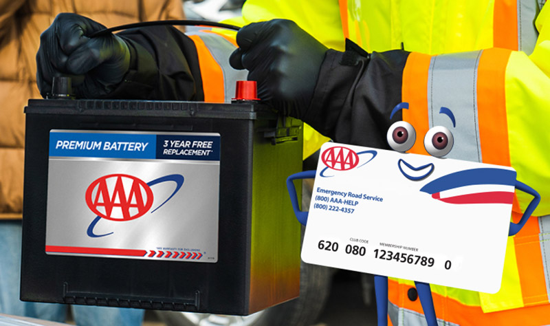 AAA card character standing in front of man holding car battery