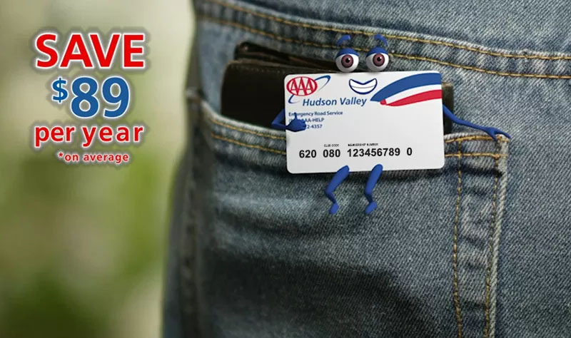 AAA card character siting in persons jean pocket, wallet in background