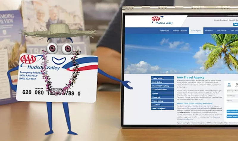 AAA card character standing in front of and pointing to tablet with AAA site up on it